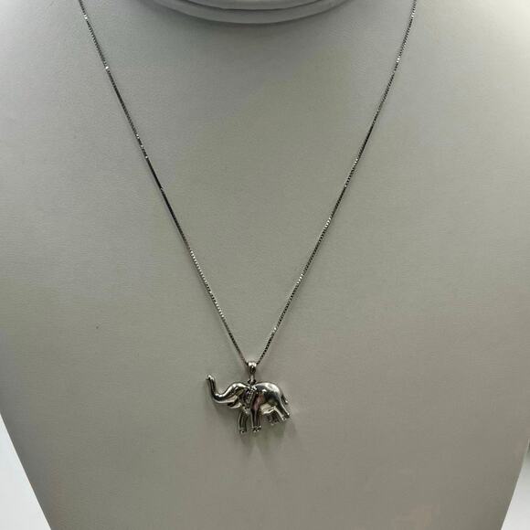 JWBR Solid Sterling Silver Diamond Elephant Trunk Up Lucky Pendant Necklace - Picture 1 of 11